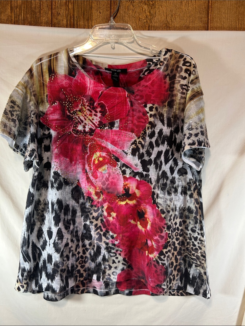 Style & Co. Black & Hot Pink Floral Animal Print Short Sleeve Top
